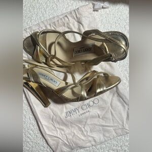 Authentic Jimmy Choo Gold Metz Strappy Open Toe Heels and Dust Bag- Size 38